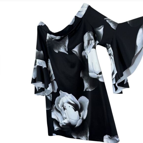 VENUS Black and White Floral Off-Shoulder Dress - Picture 6 of 13